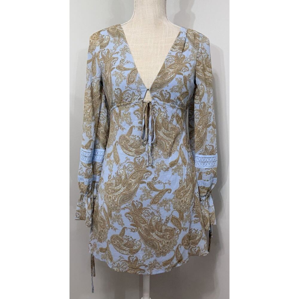 NEW Urban Outfitters Paisley Boho Charlene Blue Motif Long Sleeve Mini Dress XS